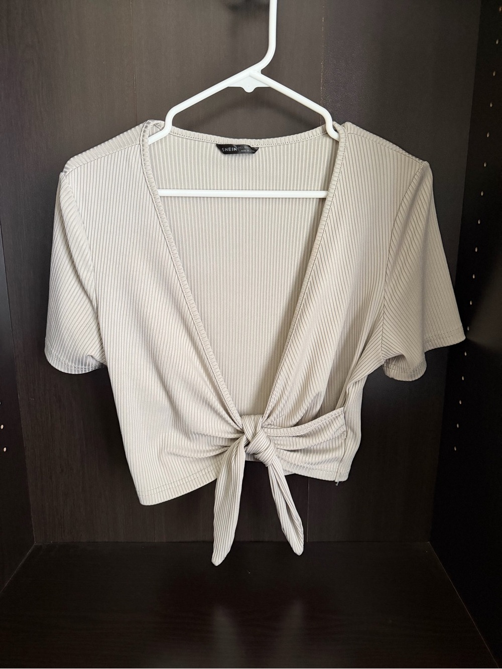 SHEIN Cream Ribbed Tie-Front Crop Top